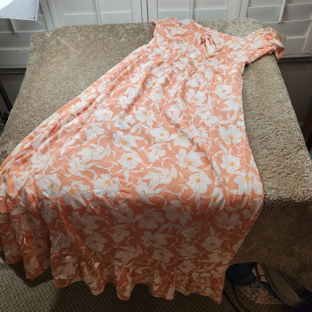Torrid Orange Floral Tie Front Smocked Back Ruffle Maxi Dress Womens Size 0 L 12